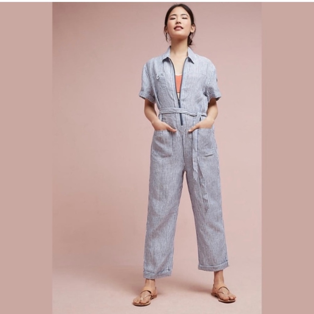 Cartonnier Blue Striped Linen Jumpsuit (from Anthropologie) | sz. S